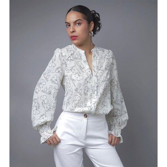 Ivory Woven Blouse With Floral All Over Print Ivory